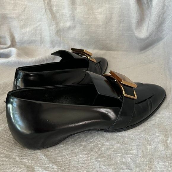 Tod's black patent leather shiny‎ gold metal buckle strap wedge Loafers size 39 - Picture 8 of 12